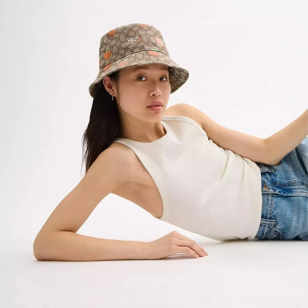 ❤️ Coach Signature Retro Orange Print Bucket Hat - Picture 2 of 10